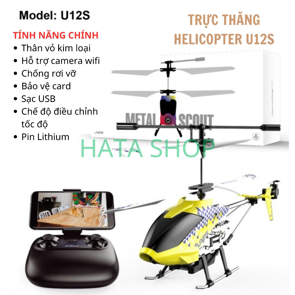 Máy Bay Trực Thăng U12S Helicopter Có Wifi Camera Chụp Ảnh/Video Bản 2 Pin Sạc Điều Khiển Từ Xa, mô hình máy bay trực th