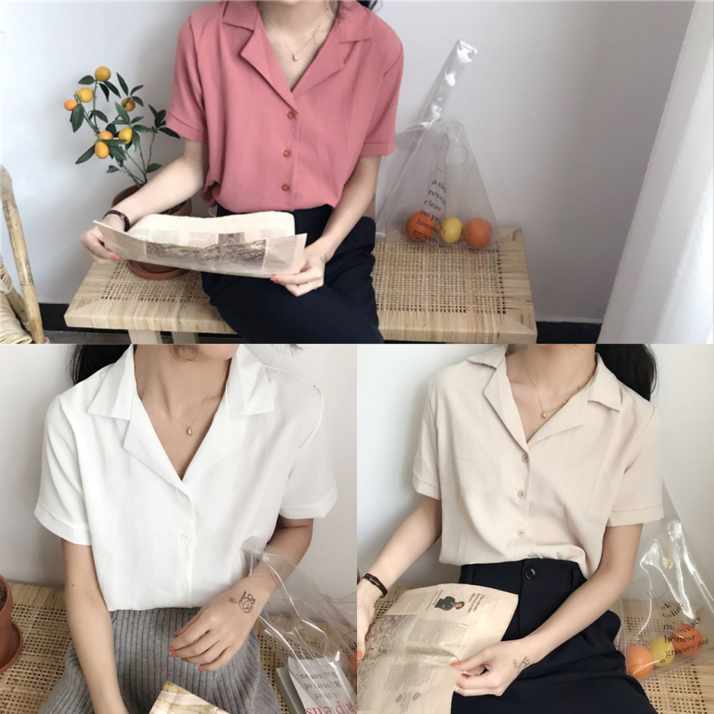 Áo Sơ Mi Nữ Cổ Vest Tay Ngắn Dáng Trơn Phong Cách Hàn Quốc Dễ Phối Đồ S7216