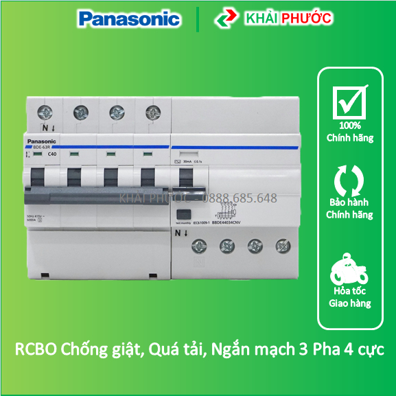 RCBO Aptomat Át Tô Mát chống rò chống giật quá tải ngắn mạch 3 pha 4 cực 25A 32A 40A 50A 63A Panasonic - Khải Phước