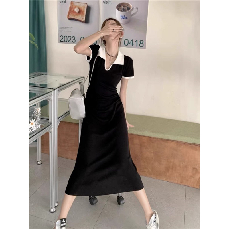 đầm váy len dệt kim cổ V bẻ dáng chữ A dài qua gối (6A011#)