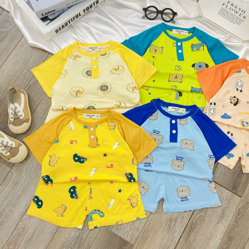 Bộ cọc tay phối tay có nút, thun lạnh minky ak in cây mịn mát cho bé trai, gái 3848B1