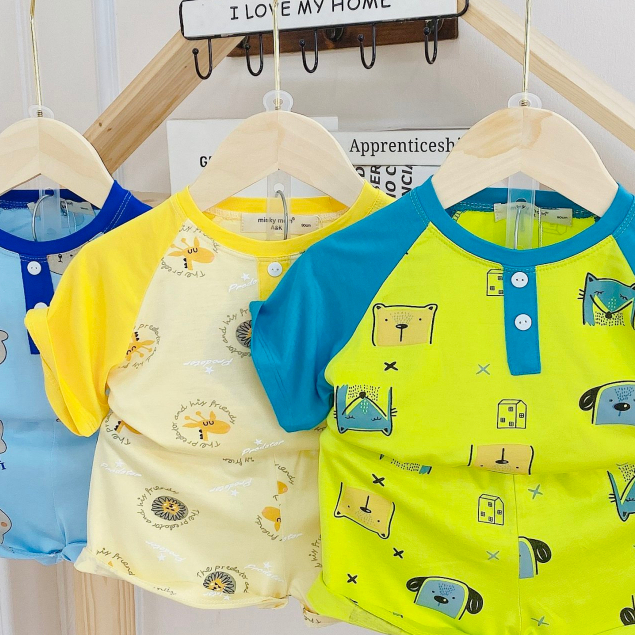 Bộ cọc tay phối tay có nút, thun lạnh minky ak in cây mịn mát cho bé trai, gái 3848B1