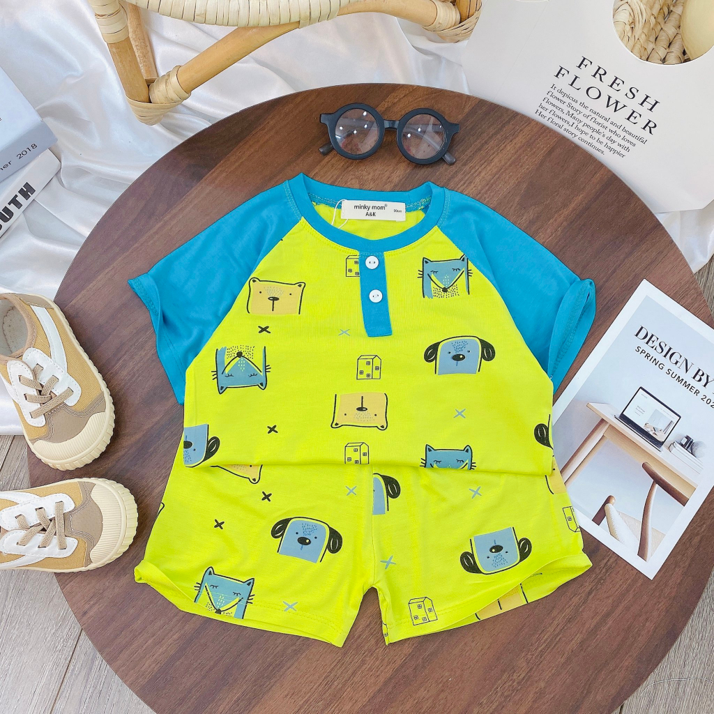 Bộ cọc tay phối tay có nút, thun lạnh minky ak in cây mịn mát cho bé trai, gái 3848B1