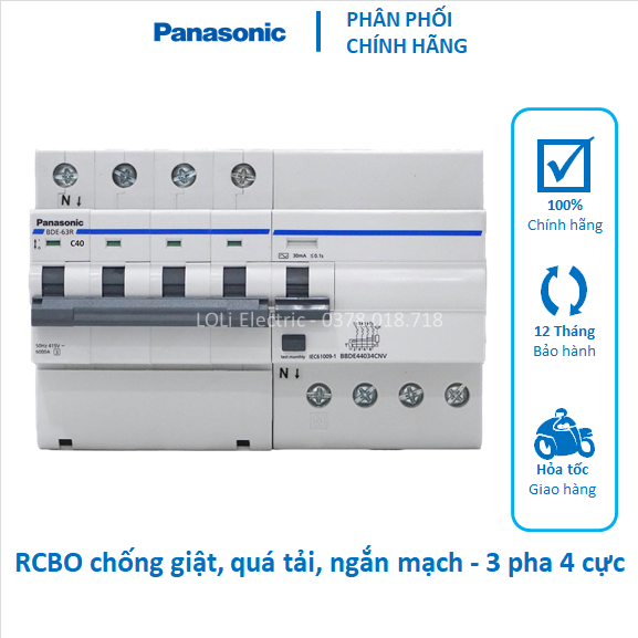 RCBO Aptomat Át Tô Mát chống rò chống giật quá tải ngắn mạch 3 pha 4 cực 25A 32A 40A 50A 63A Panasonic - LOLi Electric