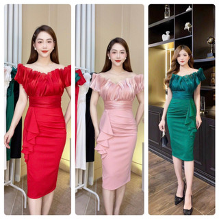 Đầm thiết kế body trễ vai phối tơ gân cực sang
