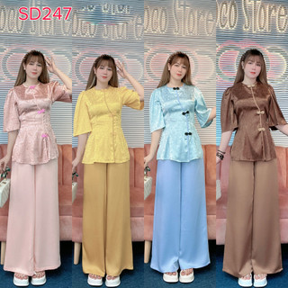 Sd247 - set đồ lam, bộ bà ba đi lễ chùa, đi chơi, set lam cổ tròn viền 3 nút tàu đẹp dễ thương