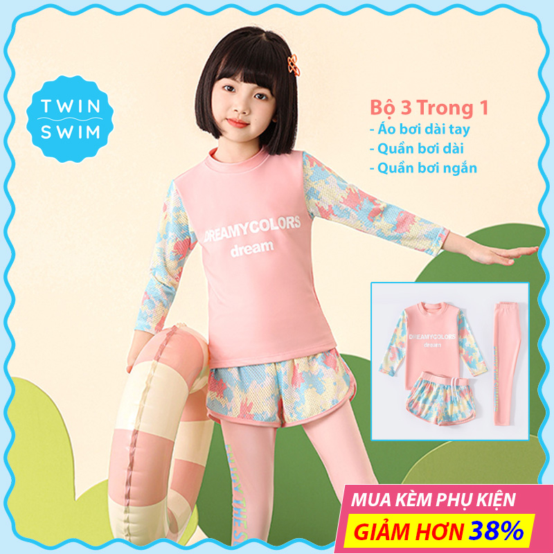 Đồ Bơi Bé Gái Twin Swim, Bộ Áo Bơi Dream 2 Trong 1 Tay Áo Dài & Quần Dài Và Ngắn, Đồ Đi Biển Vải Co Giản Size Đến 50Kg