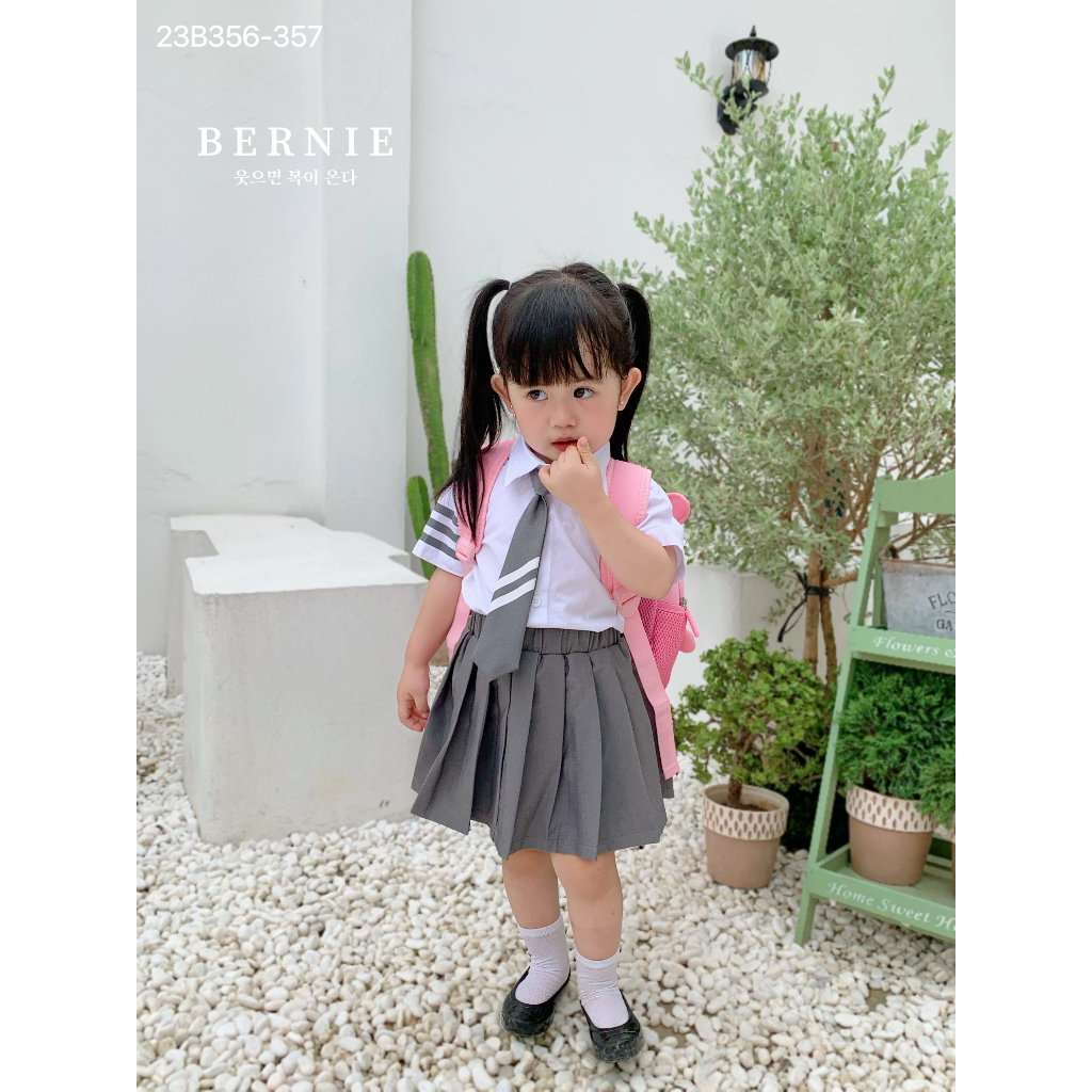 Bộ sơ mi đồng phục đôi cộc tay kèm cà vạt Bernie cho bé trai bé gái