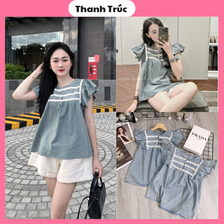 Áo bò giấy cánh tiên áo babydoll cánh tiên dáng xuông áo bò phối viền ren tay cánh tiên cúc ngọc xinh