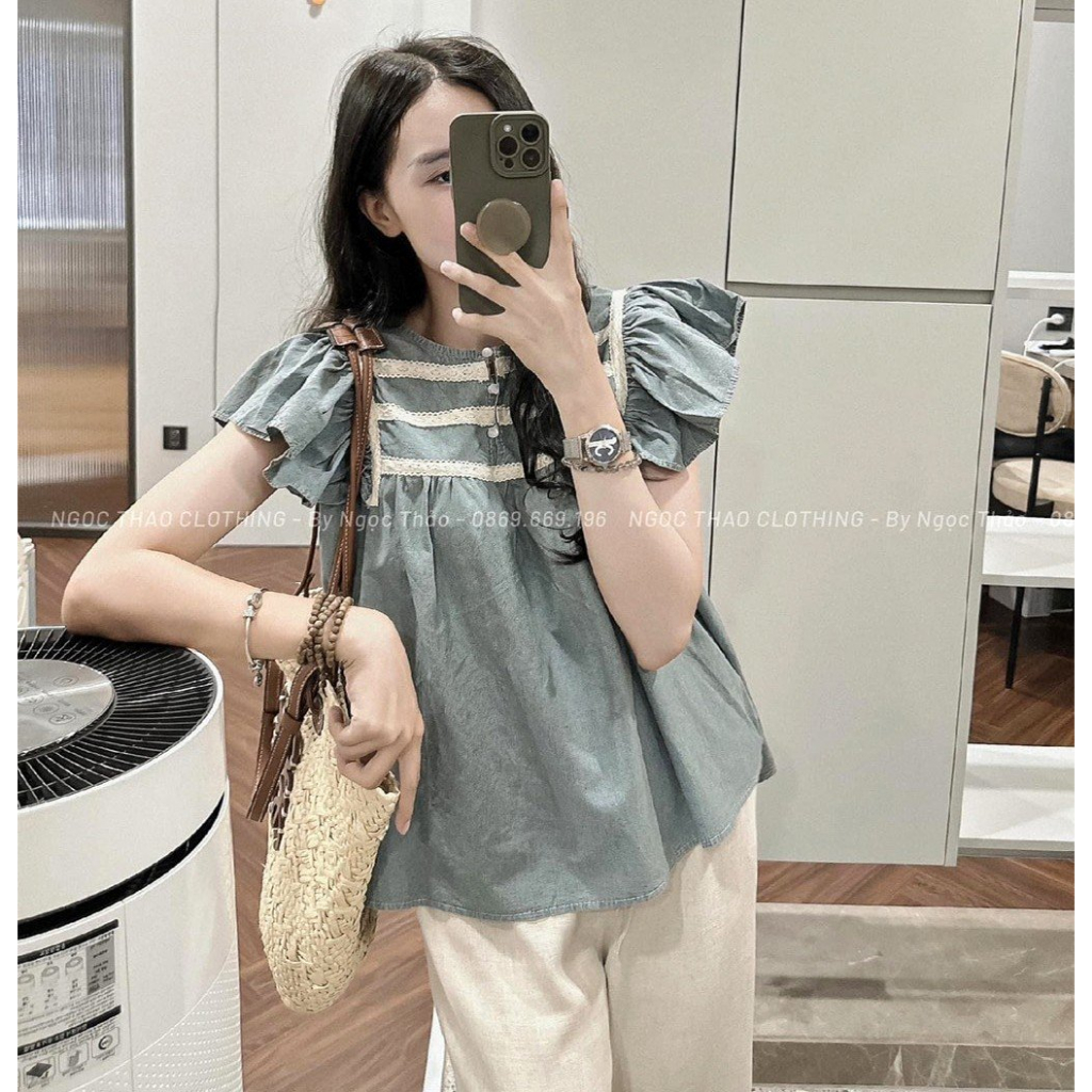 Áo bò giấy cánh tiên áo babydoll cánh tiên dáng xuông áo bò phối viền ren tay cánh tiên cúc ngọc xinh