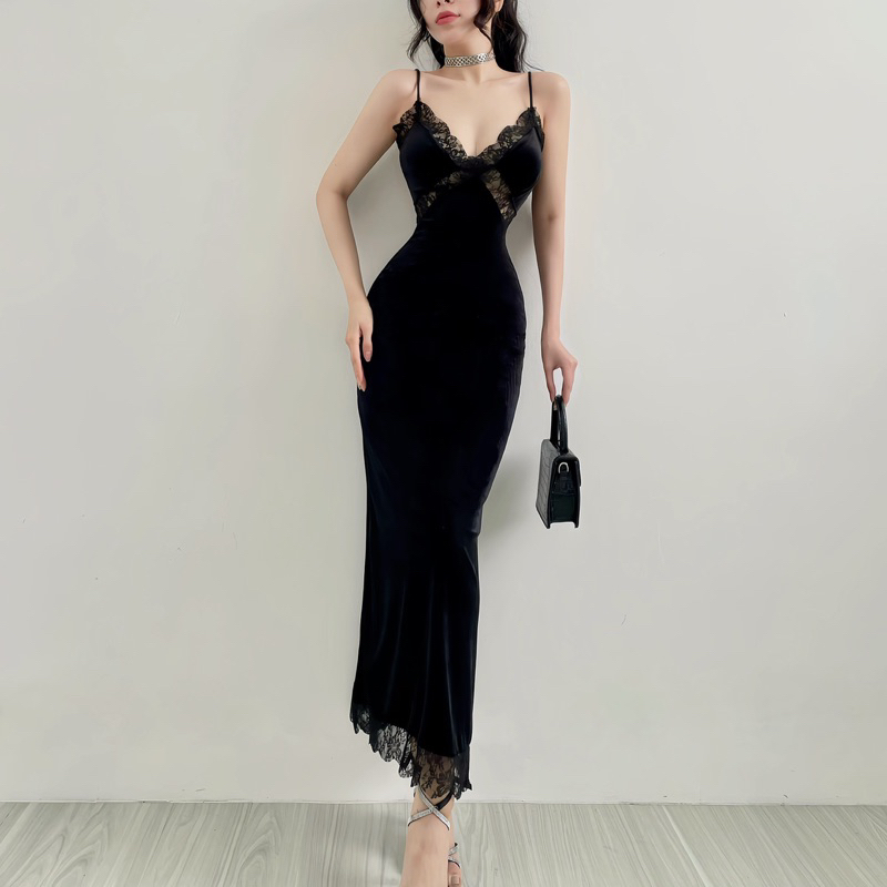 Marina - Đầm maxi 2 dây nhung phối ren cao cấp, sang trọng gợi cảm