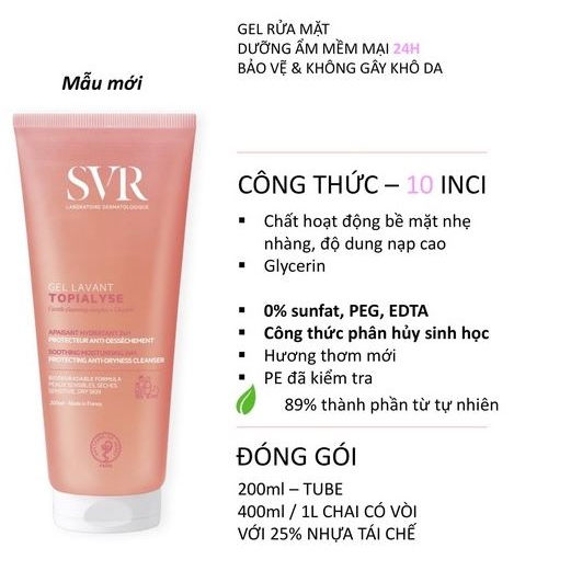 Sữa rửa mặt SVR Topialyse Gel Cho Da Khô Nhạy Cảm 400ml