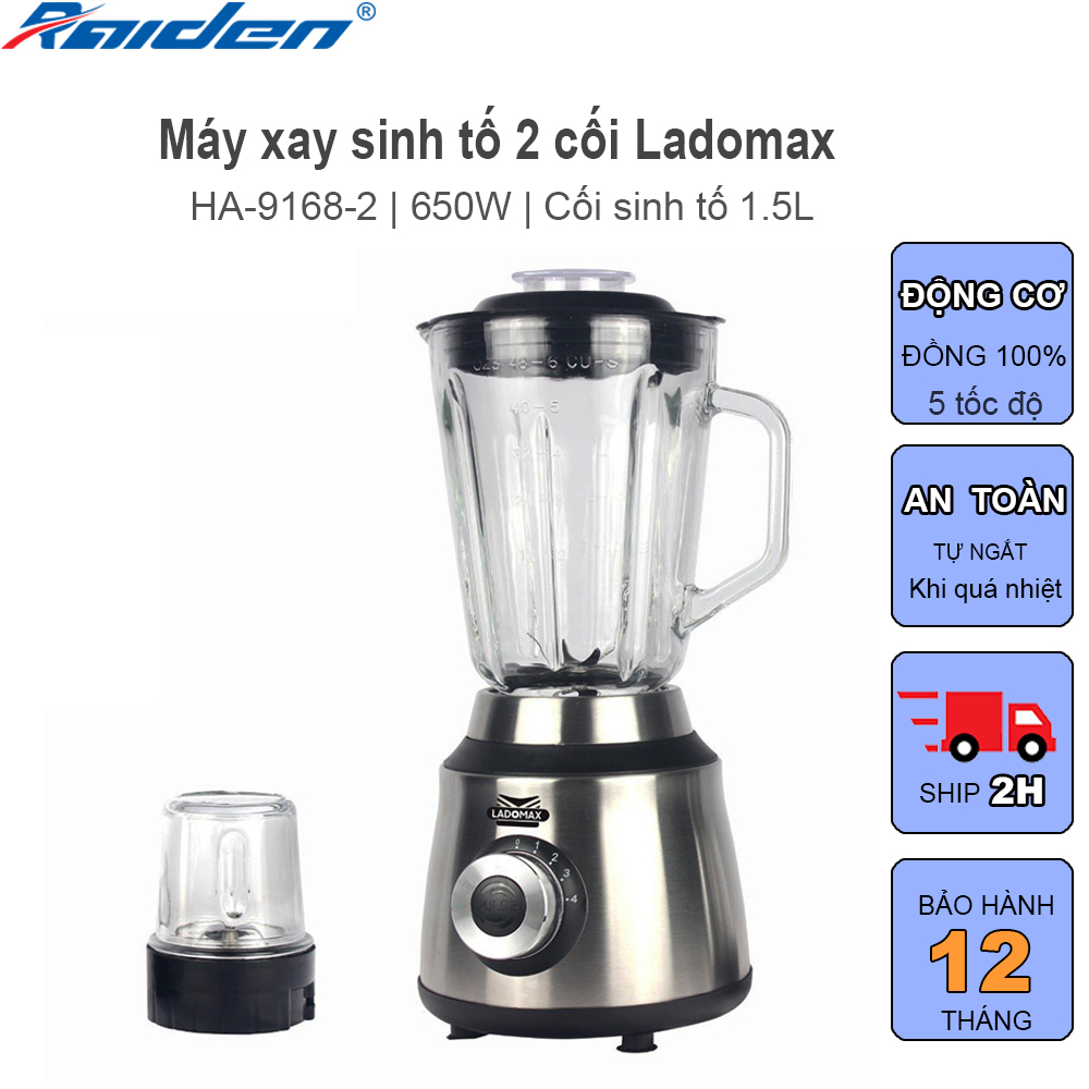 Máy xay sinh tố đa năng 650W Ladomax HA-9168-2 động cơ đồng 100% bền bỉ, thiết kế 2 cối thủy tinh