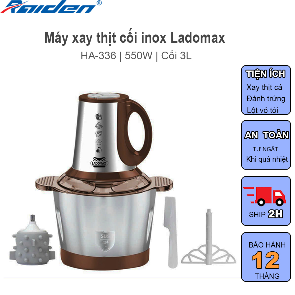 Máy xay thịt 550W Ladomax HA-336 cối inox 304 dung tích 3L, tặng kèm lồng đánh trứng và dụng cụ lột tỏi