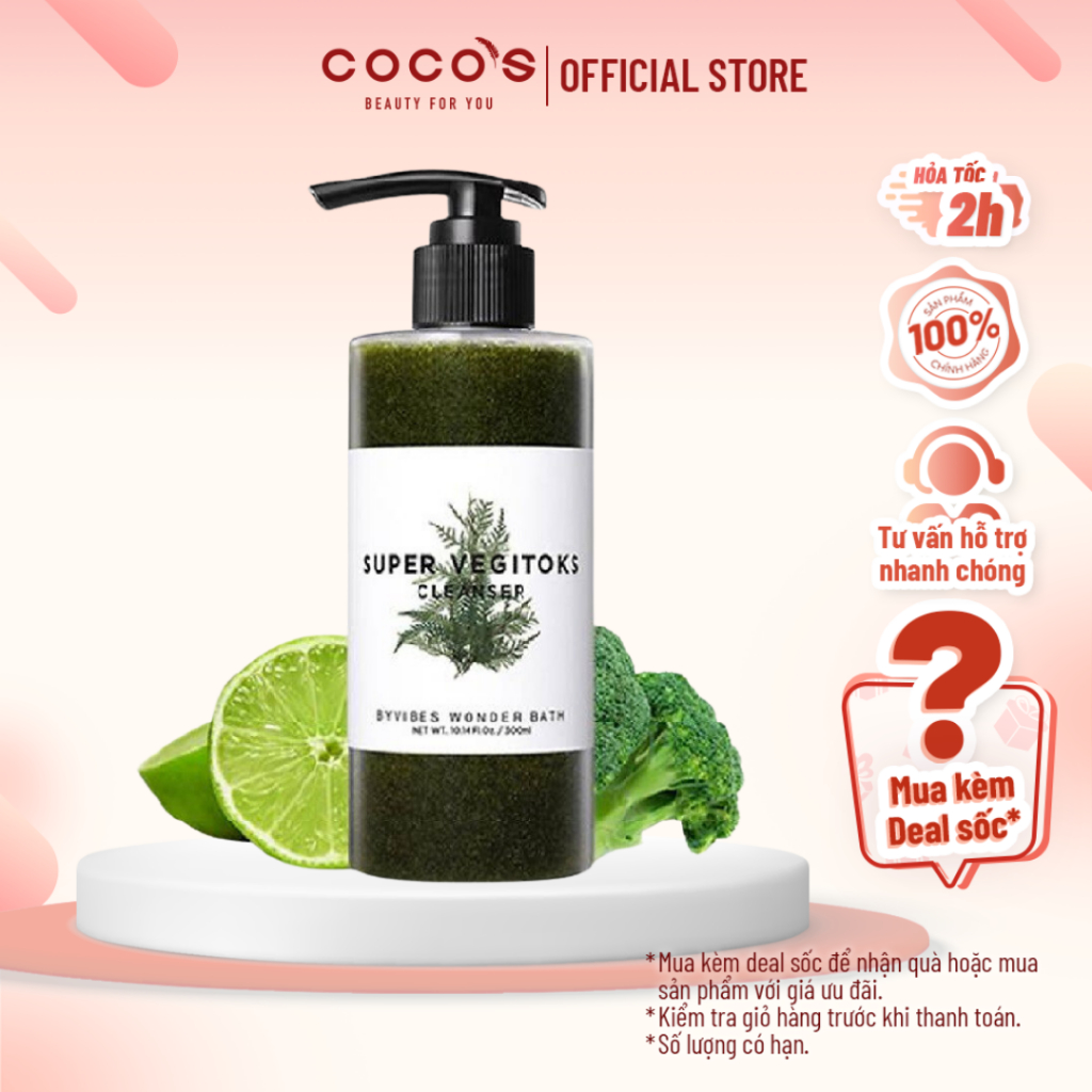 Sữa rửa mặt sủi bọt thải độc chiết xuất rau củ Byvibes Wonder Bath Super Vegitoks Cleanser 300ml - Xanh