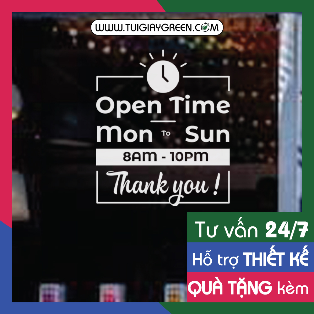 Decal dán cửa kính giờ đóng mở cửa ( loại in mực trực tiếp lên cửa ) - mẫu 4