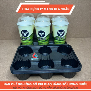 [100 CÁI] Khay nhựa 6 ngăn, khay nhựa đen 6 ô đựng ly Cà Phê - Trà Sữa mang đi, khay Take Away Ship hạn chế nghiêng đổ