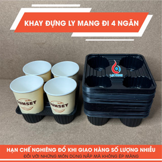 [100 CÁI] Khay nhựa đựng 4 ly Take Away, khay nhựa đen 4 ô đựng ly Cafe - Trà Sữa mang đi tiện lợi hạn chế nghiêng đổ