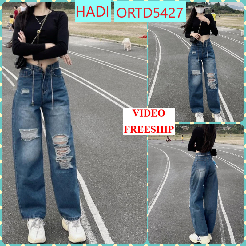 QUẦN JEANS ỐNG RỘNG NỮ LƯNG CAO RÁCH MẢNG DÀI GỐI TRÁI KÈM 2 MẢNG ĐÙI PHẢI MÀU XANH ĐẬM LAI CUỐN PHÁ CÁCH