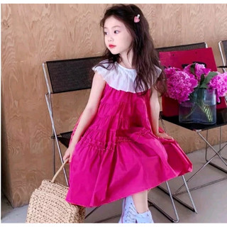 Váy trẻ em sát nách bèo cổ màu hồng vải đũi