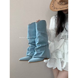 Giày Bốt nữ cao bồi mũi nhọn denim Bốt nữ mũi nhọn chất denim cực cá tính