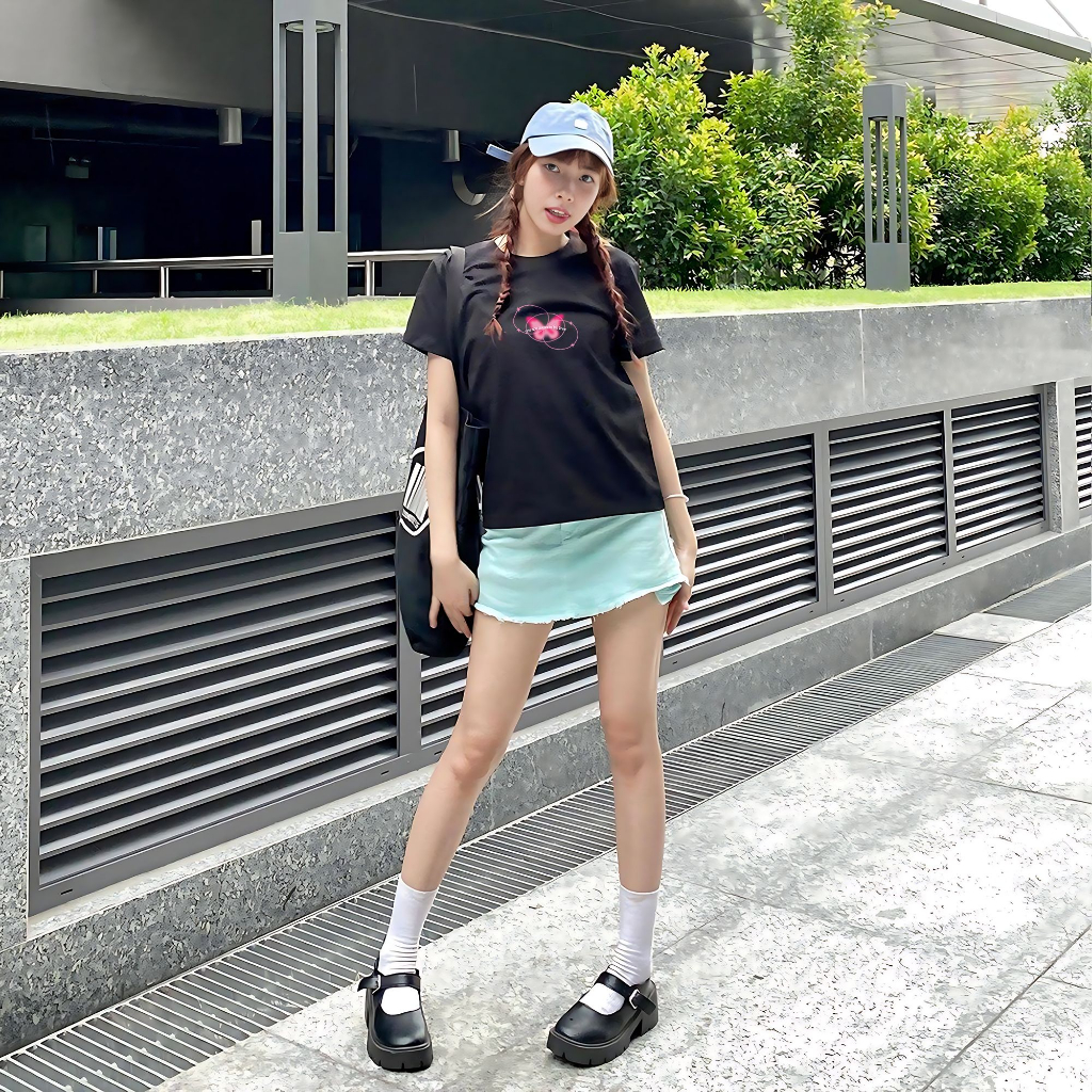 Áo Thun Form Fit Mẫu Bướm Hồng. Áo Baby Tee Chất Cotton Co Giãn