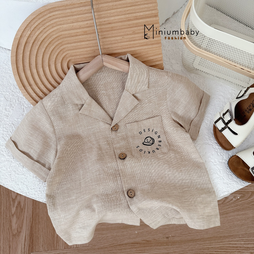 Bộ quần áo sơ mi cộc tay cho bé trai Miniumbaby, Chất liệu cotton mềm mịn, màu áo nâu be nổi da thoáng mát - SB1635