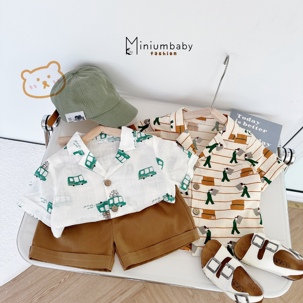 Áo sơ mi cộc tay cho bé trai Miniumbaby họa tiết ôtô đáng yêu, 100% cotton thoáng mát- A1628