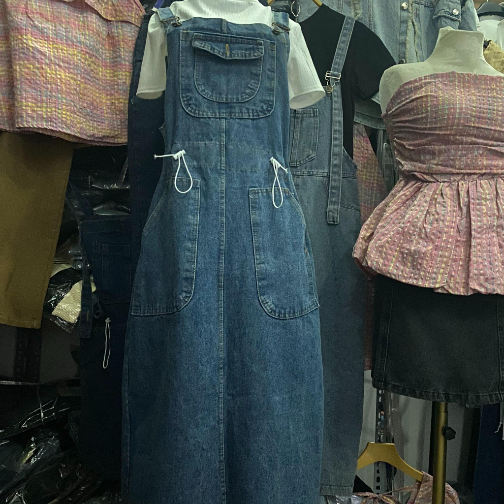 Váy yếm jean chun eo dáng dài phom to