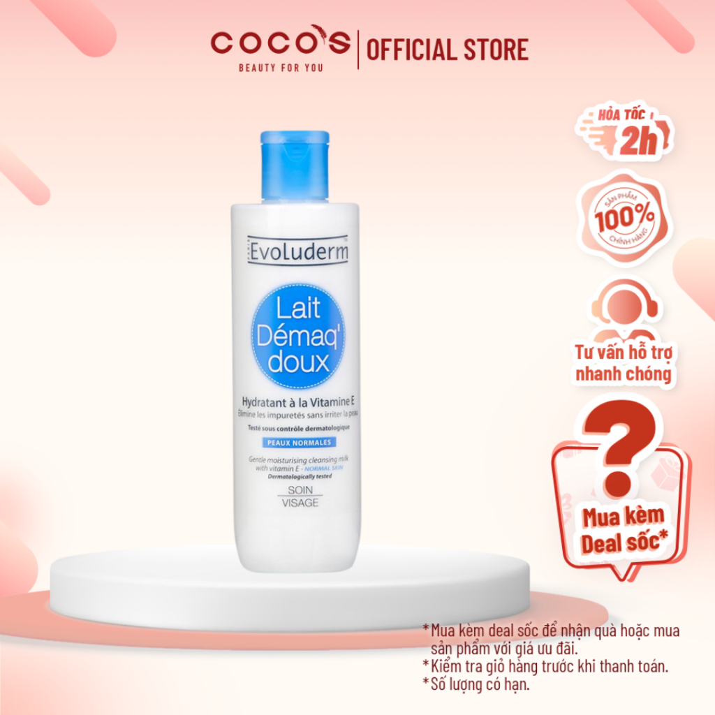 Tẩy trang Evoluderm dạng sữa bổ sung Vitamin E dành cho da thường 250ml