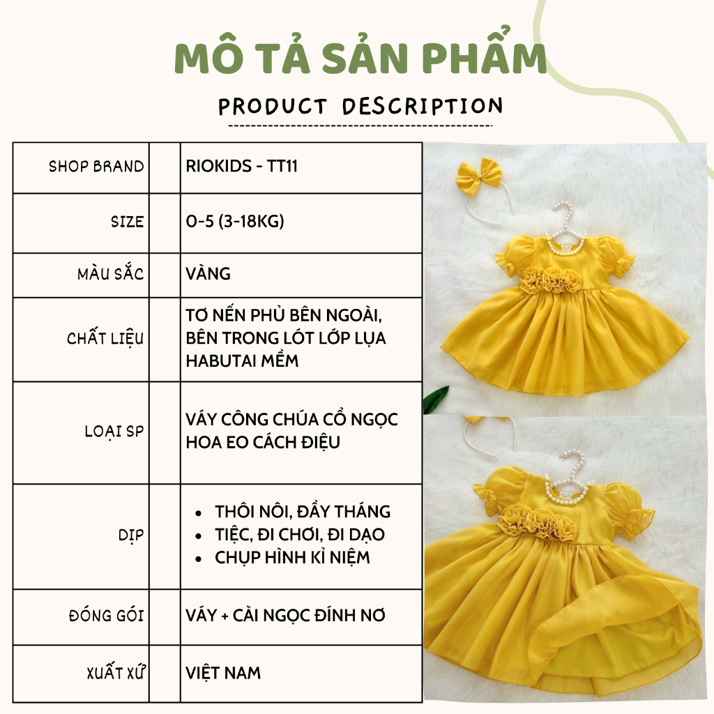Váy đầm công chúa vàng RIOKIDS cho bé gái sơ sinh đi chơi Lễ Tết, tiệc sinh nhật, thôi nôi, đầy tháng TT11