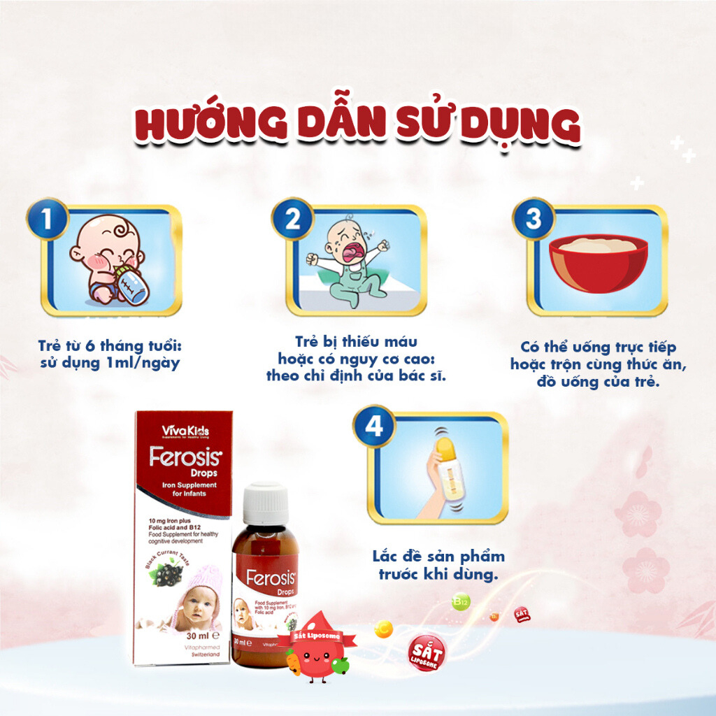 Sắt công nghệ mới Liposome VivaKids Ferosis 30ml mùi vị thơm ngon cho trẻ