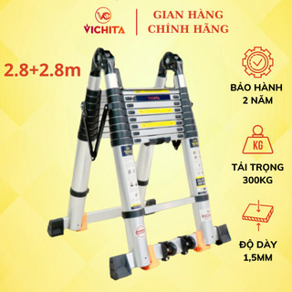 Thang nhôm rút đôi chữ A VICHITA 5m6 (2m8 + 2m8) Bản cao cấp, có bánh xe, thanh giằng chống rung lắc.