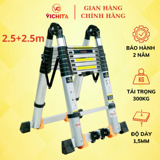 Thang nhôm rút đôi chữ A VICHITA 5M (2m5 + 2m5) Bản cao cấp, có bánh xe, thanh giằng chống rung lắc.