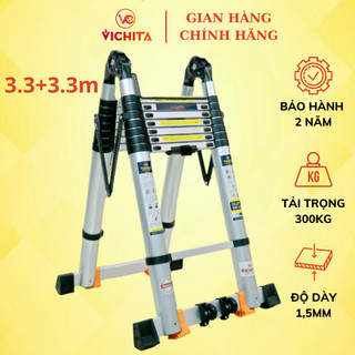 Thang nhôm rút đôi chữ A VICHITA 6M6 (3m3 + 3m3) Bản cao cấp, có bánh xe, thanh giằng chống rung lắc.