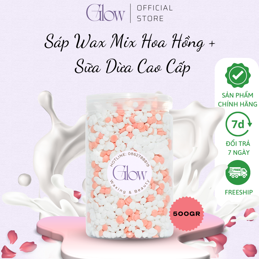 Sáp Wax Lông Mix Hoa Hồng + Sữa Dừa Cao Cấp Bám Lông, Chuyên Dụng Wax Bikini Glow Waxing Tặng Que Phết Sáp Che Tên SP