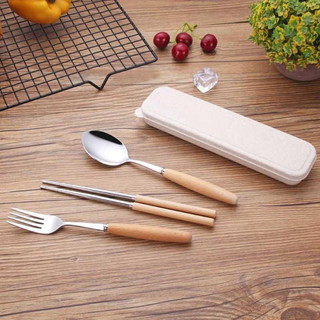 Bộ muỗng đũa nĩa Inox tay cầm gỗ tự nhiên hộp đựng lúa mạch - Bộ đũa thìa inox cao cấp
