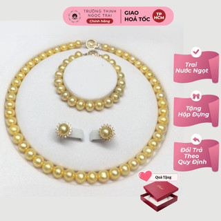 Bộ sản phẩm trang sức ngọc trai màu vàng 3 món kèm hộp - ngọc trai trường thịnh