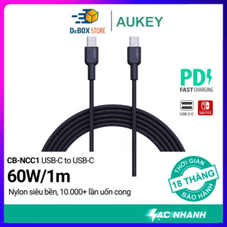 Cáp sạc nhanh aukey cb-ncc1 usb c to c hỗ trợ sạc nhanh pd 60w, bọc nylon siêu bền dài 1m - chính hãng