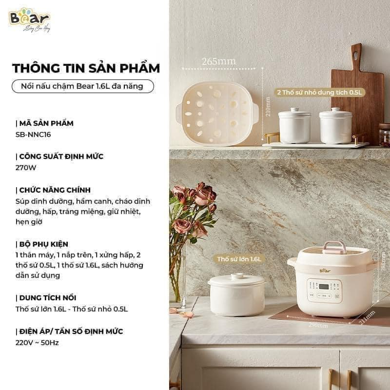 Nồi Nấu Cháo Châm Bear 1.6l, Ninh Hấp Hầm Đồ Ăn Dặm Cho Bé Có Lồng Hấp