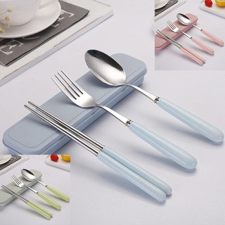 Bộ muỗng đũa nĩa Inox tay cầm sứ  Bộ muỗng đũa cá nhân kèm hộp đựng lúa mạch - Bộ đũa thìa inox