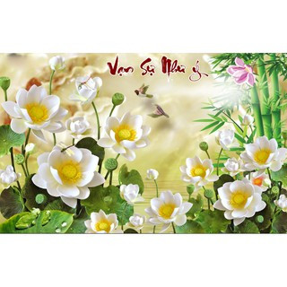 Tranh đính đá toàn bộ mẫu hoa sen -chữ vạn sự như ý