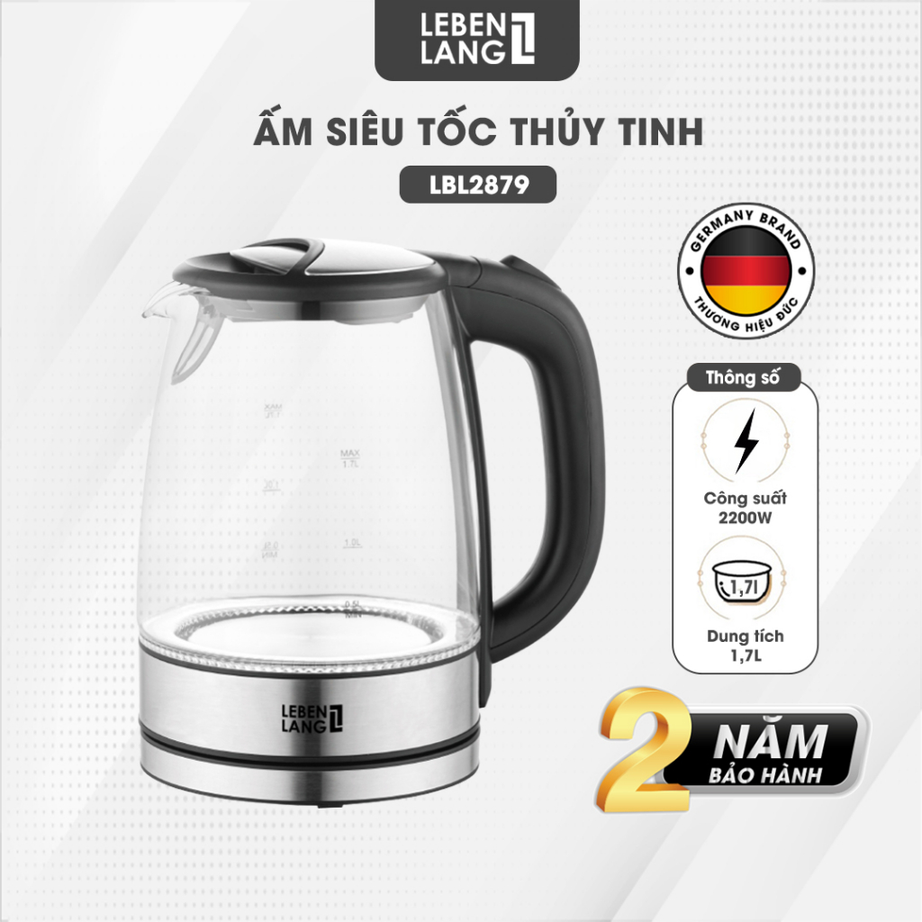 Ấm siêu tốc bình siêu tốc thủy tinh LEBENLANG LBL2879 1.7 lít, công suất 2200W bảo hành đổi trả trong 2 năm