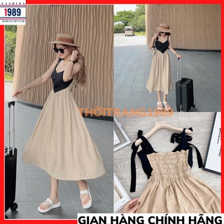 Đầm Maxi Đũi Phối Màu 2 Dây Buộc Nơ Siêu Xinh, Váy Tim Bo Chun Dáng Xoè Điệu Đà Đi Chơi Đi Biển Cực Hot - 1989