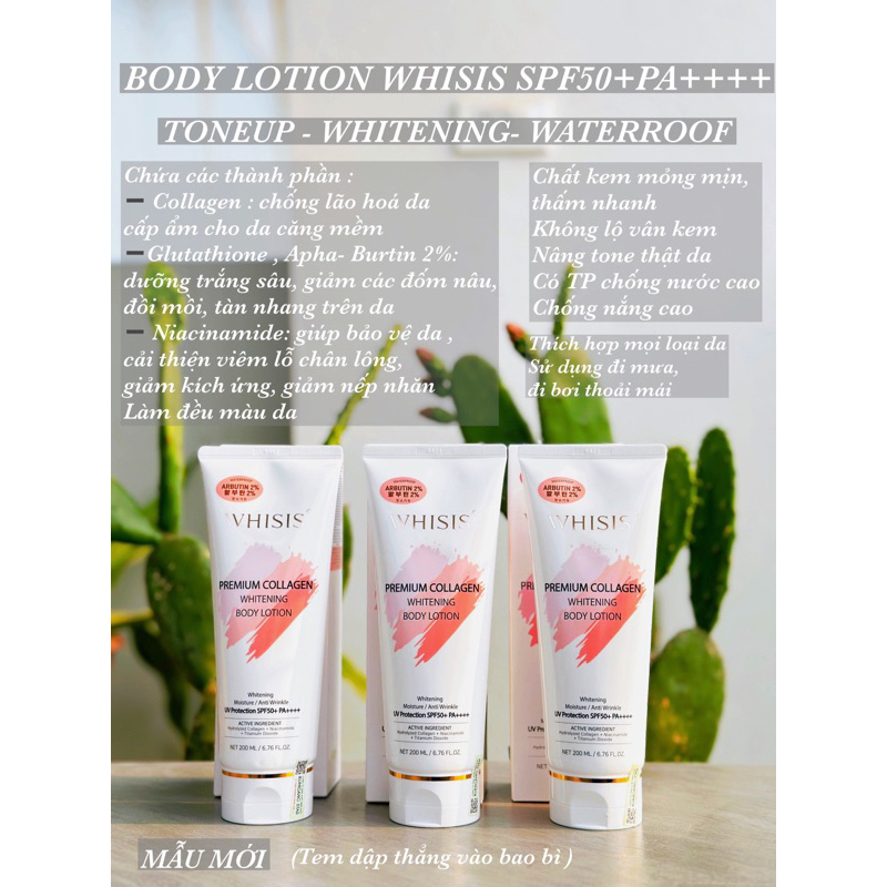 Kem Dưỡng Thể Trắng Da Body WHISIS Premium Collagen Whitening Body Lotion 200ml Chống Nắng Nâng Tone Chính Hãng
