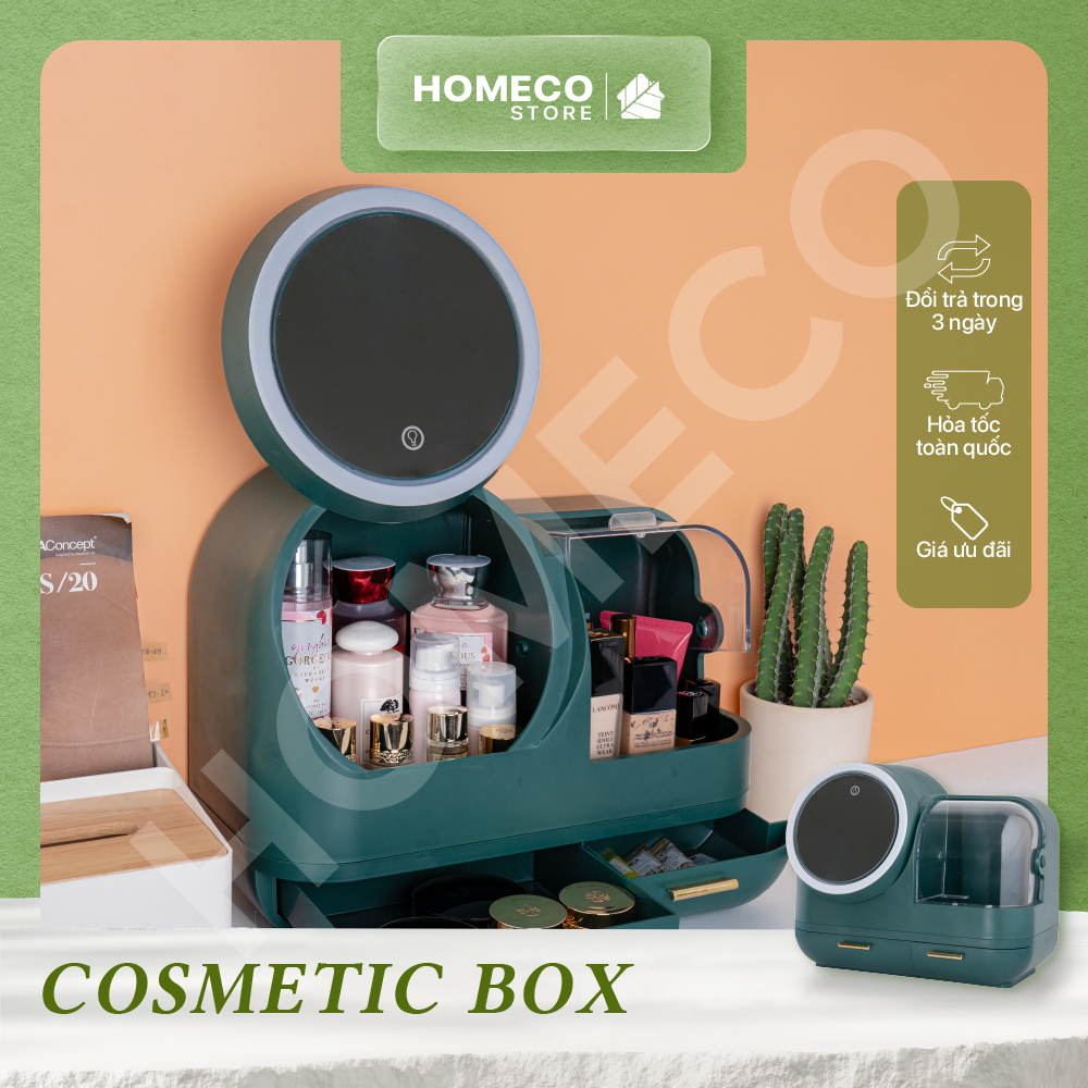 Hộp đựng mỹ phẩm cao cấp Homeco tích hợp gương xoay có đèn sang trọng