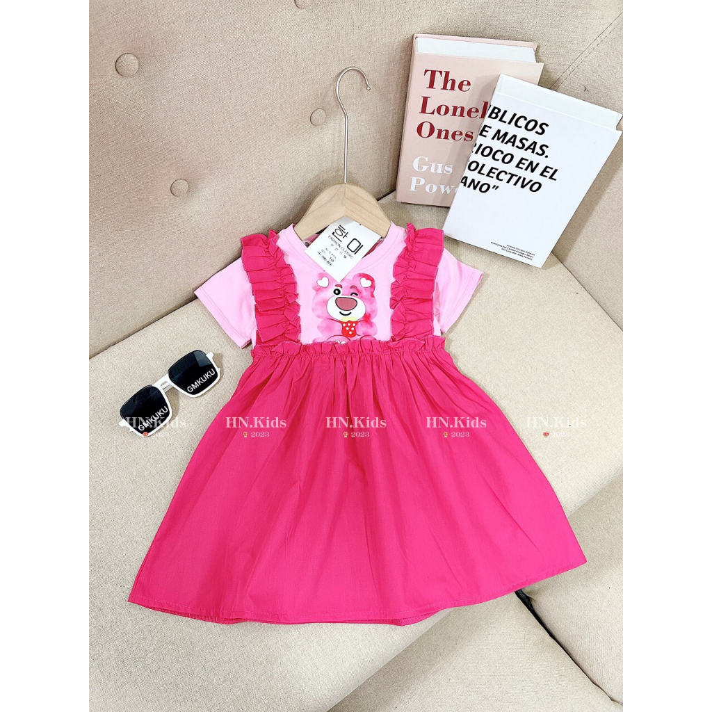 Xả hàng size nhí - váy gấu dâu 2 dây, váy gấu dâu lotso sát nách cho bé 8-18kg