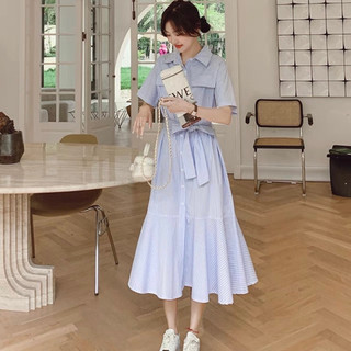 Đầm đuôi cá thắt eo sọc caro xanh Hàn Quốc