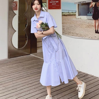 Đầm đuôi cá thắt eo sọc caro xanh Hàn Quốc
