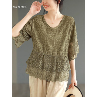 Áo T-shirt thêu ren KAMAKA retro ngắn tay cổ tròn - NU9058